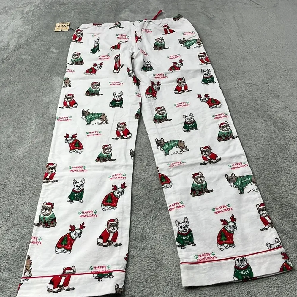 NEW PJ Salvage S‎ 100% Cotton Ivory Happy Howlidays Allover Bulldog Dog Print